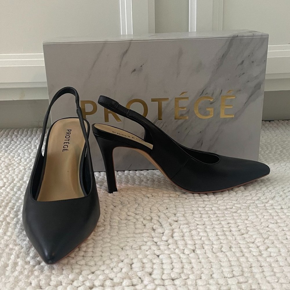 Protege Painless Slingback Black Leather Heels 3.5" - Comfort Stiletto Size 5.5M